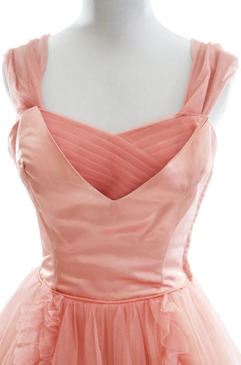 1950's Emma Domb Vintage Dress Peach Tulle and Satin