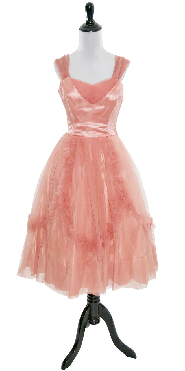 1950's Emma Domb Vintage Dress Peach Tulle and Satin