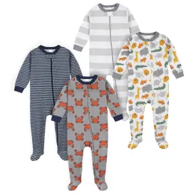 4-Pack Boys Safari Animals & Crab Snug Fit Footed Cotton Pajamas