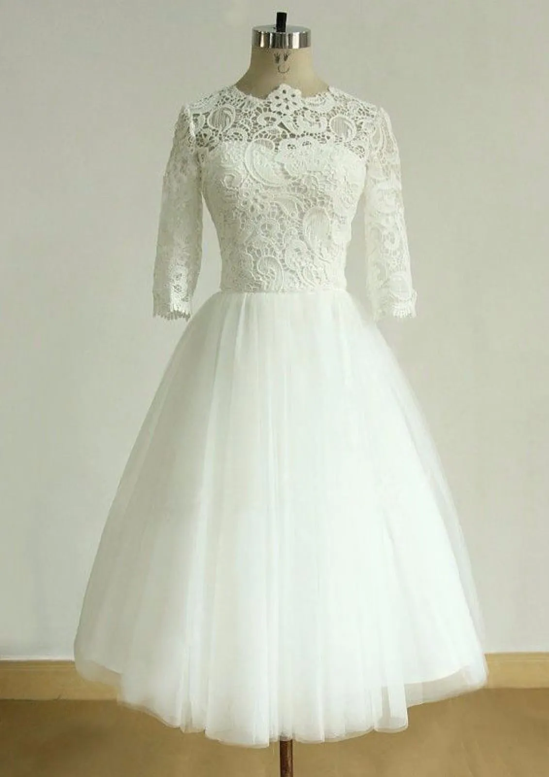 A-line Half Sleeve Tea-Length Lace Pleats Tulle Bridal Wedding Dress