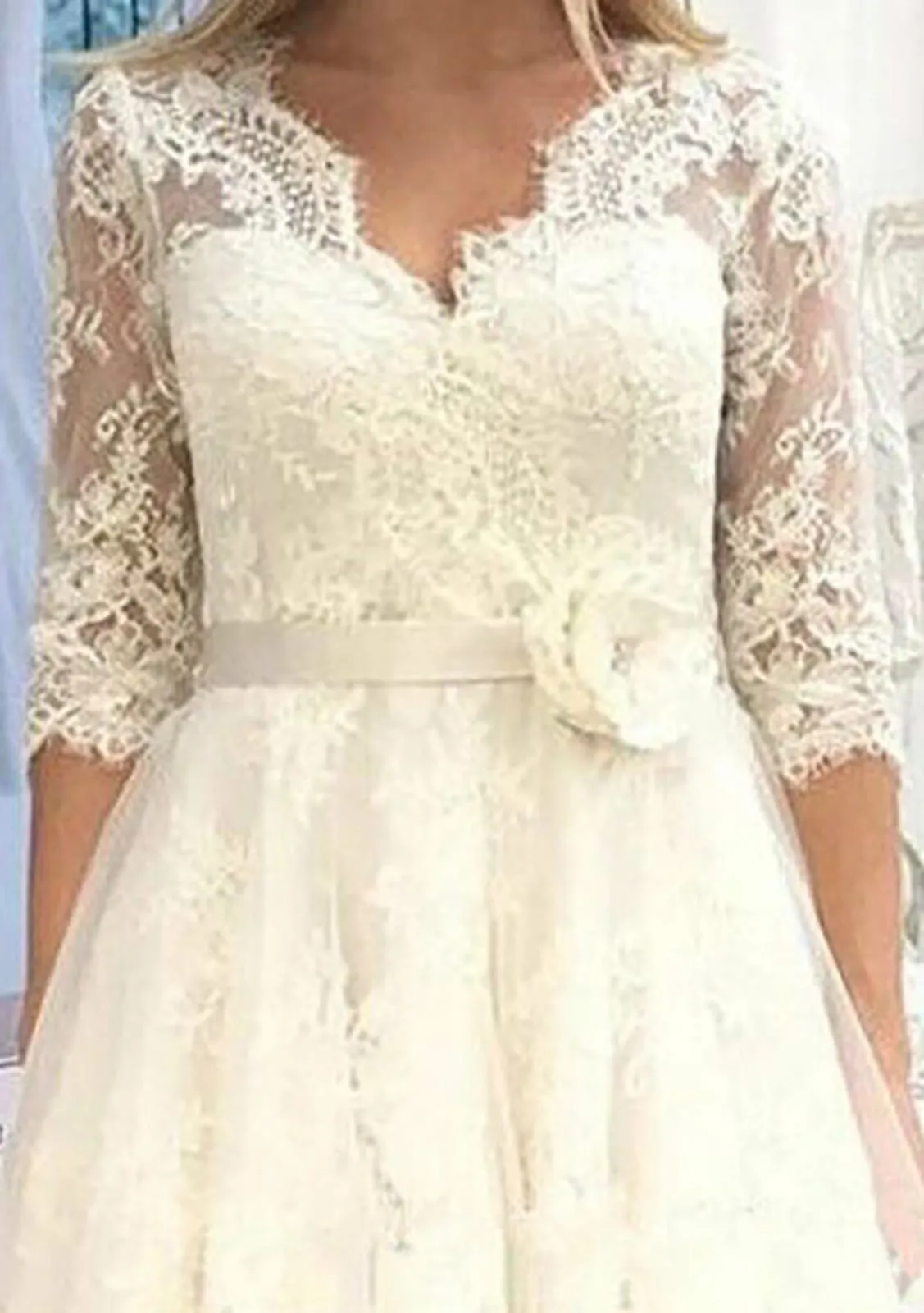 A-line V Neck 3/4 Sleeve Tulle Lace Tea-Length Wedding Dress, Flower