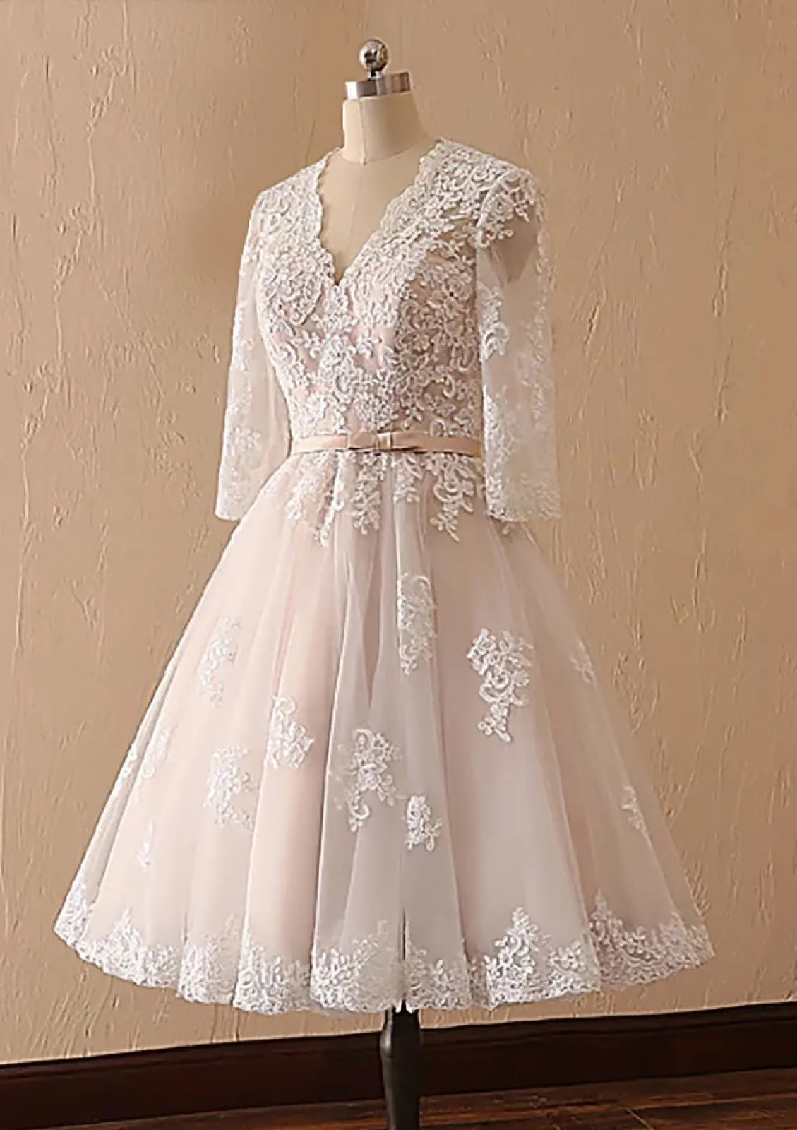 A-line V Neck Champagne Lace Tulle Tea-Length Short Wedding Dress