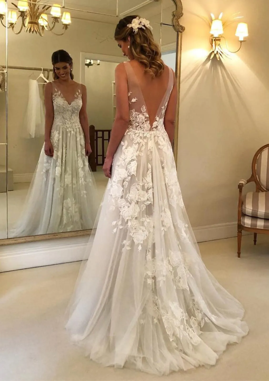 A-line V Neck Sleeveless Deep V Back Lace Tulle Wedding Dress