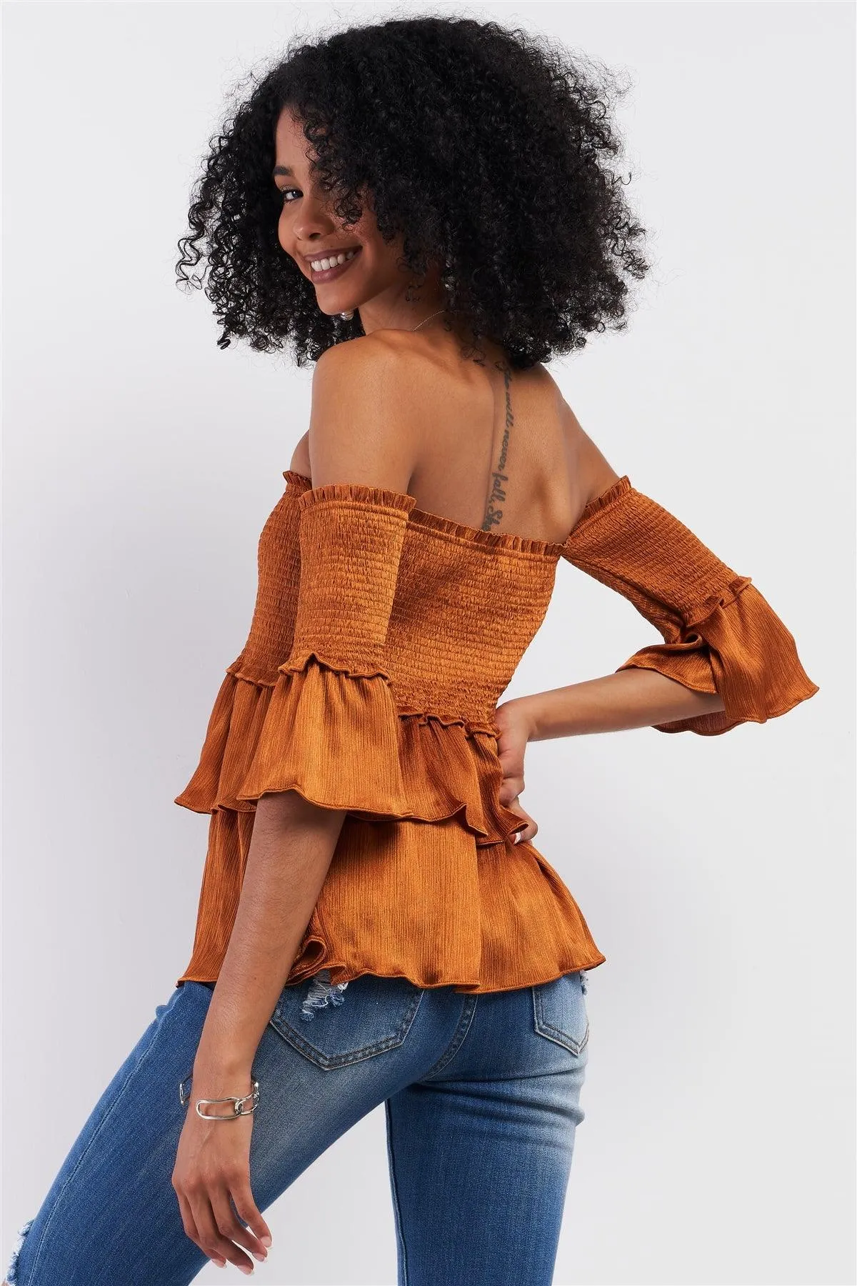 Amber Satin Off-The-Shoulder Midi Sleeve Layered Flare Hem Crumpled Effect Smoked Top /1-2-1