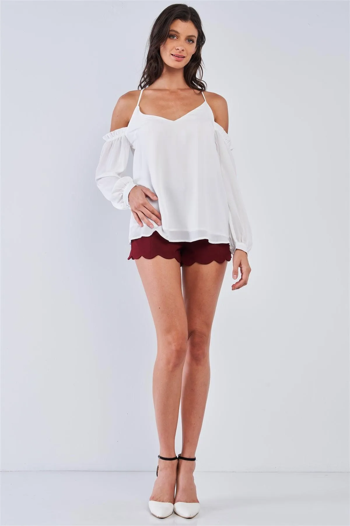 Ariana White Relaxed Fit V-Neck Off-The-Shoulder Long Sleeve Ruffle Hem Razor Back Top /1-2-1