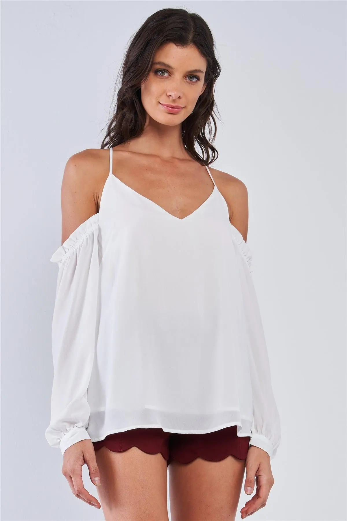 Ariana White Relaxed Fit V-Neck Off-The-Shoulder Long Sleeve Ruffle Hem Razor Back Top /1-2-1