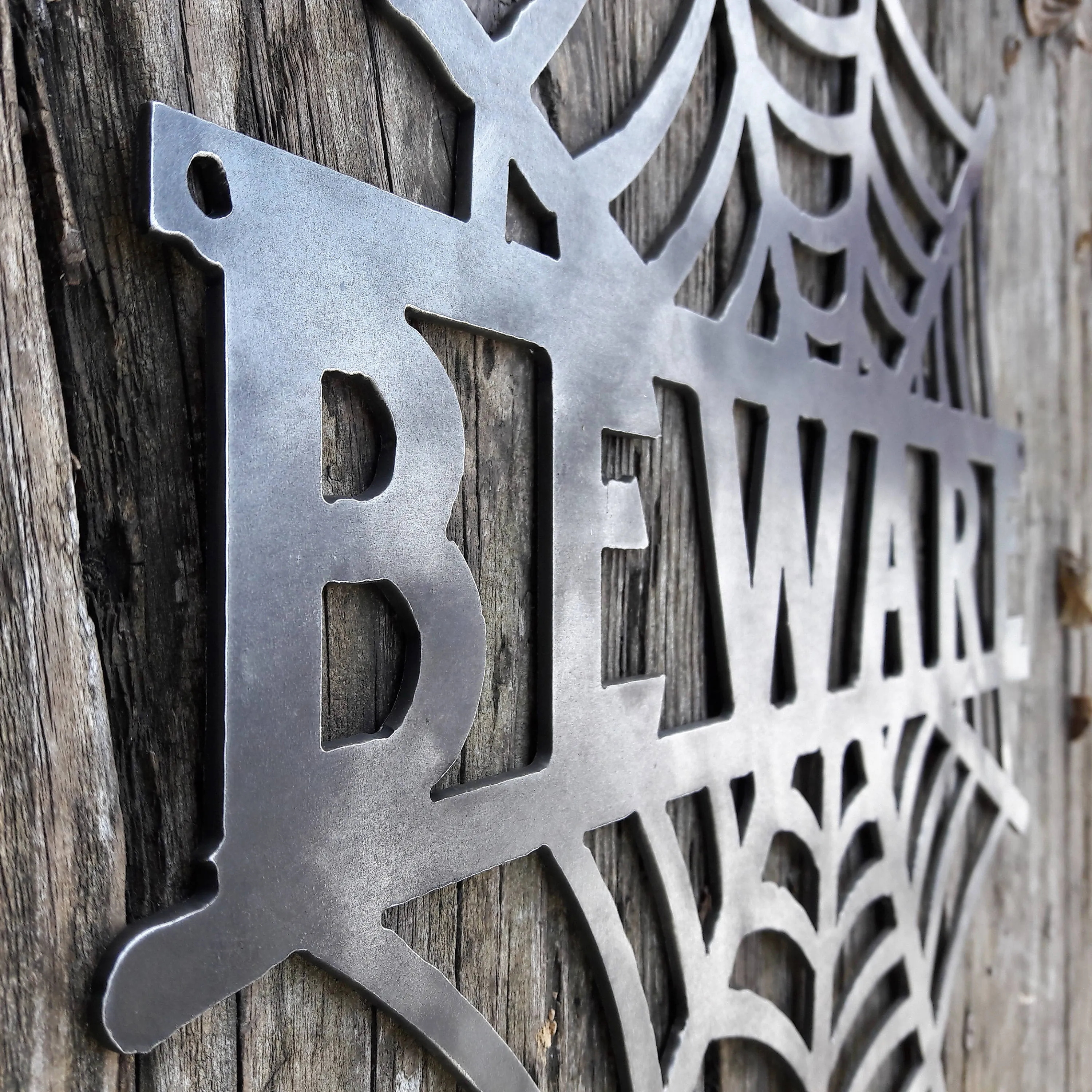 BEWARE Spider Web - Halloween Decorations, Door Hanger, Wall Decor - Custom Metal Sign