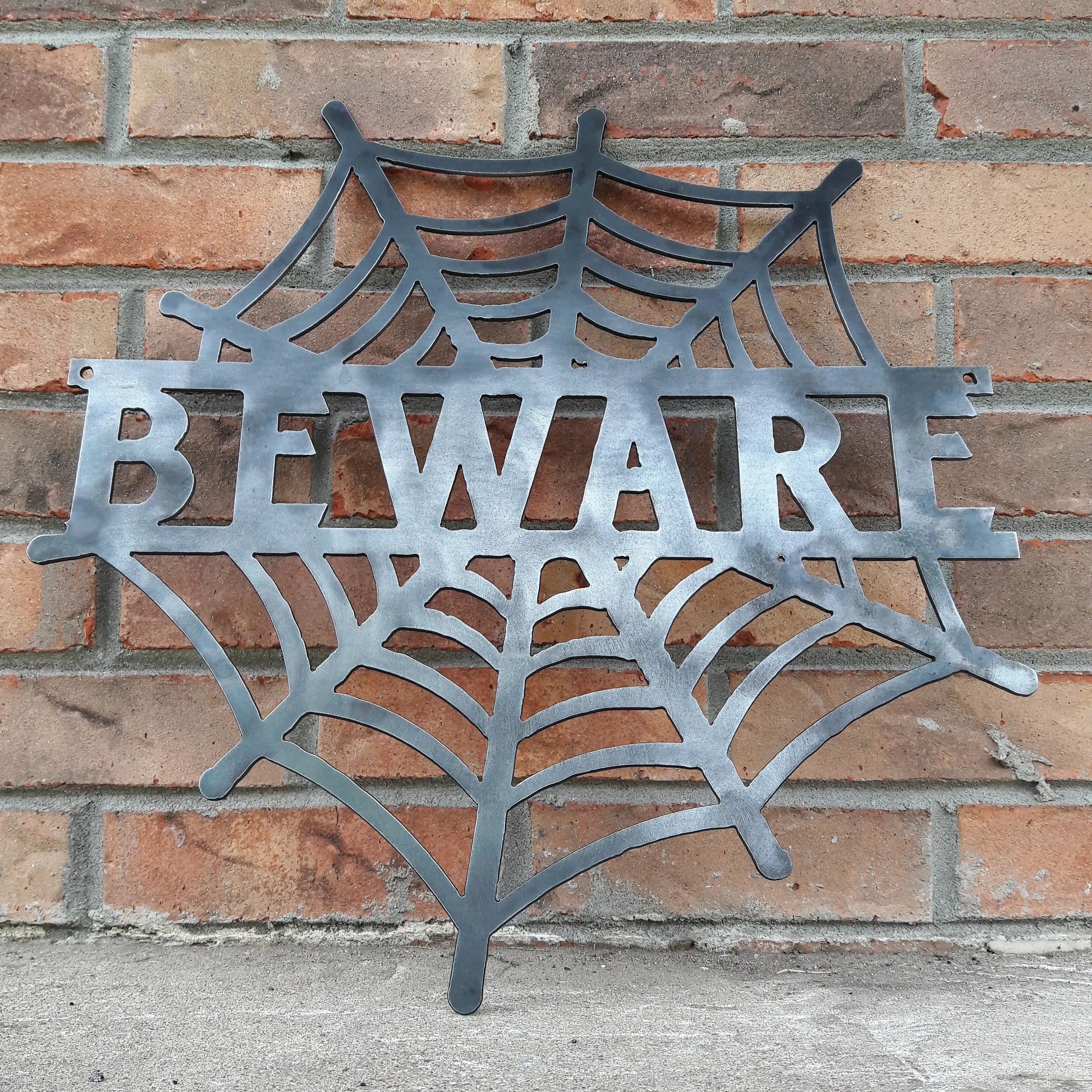 BEWARE Spider Web - Halloween Decorations, Door Hanger, Wall Decor - Custom Metal Sign