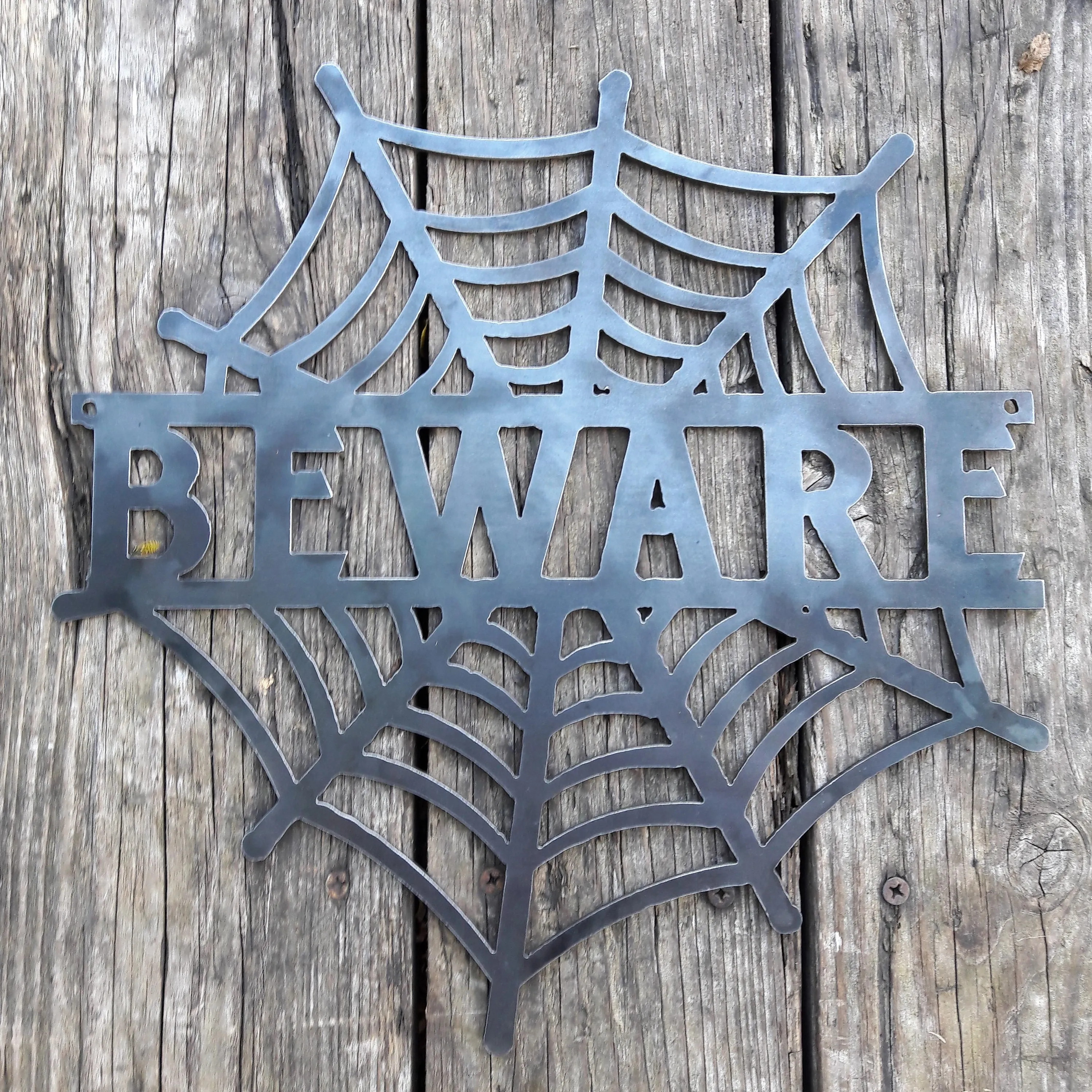 BEWARE Spider Web - Halloween Decorations, Door Hanger, Wall Decor - Custom Metal Sign