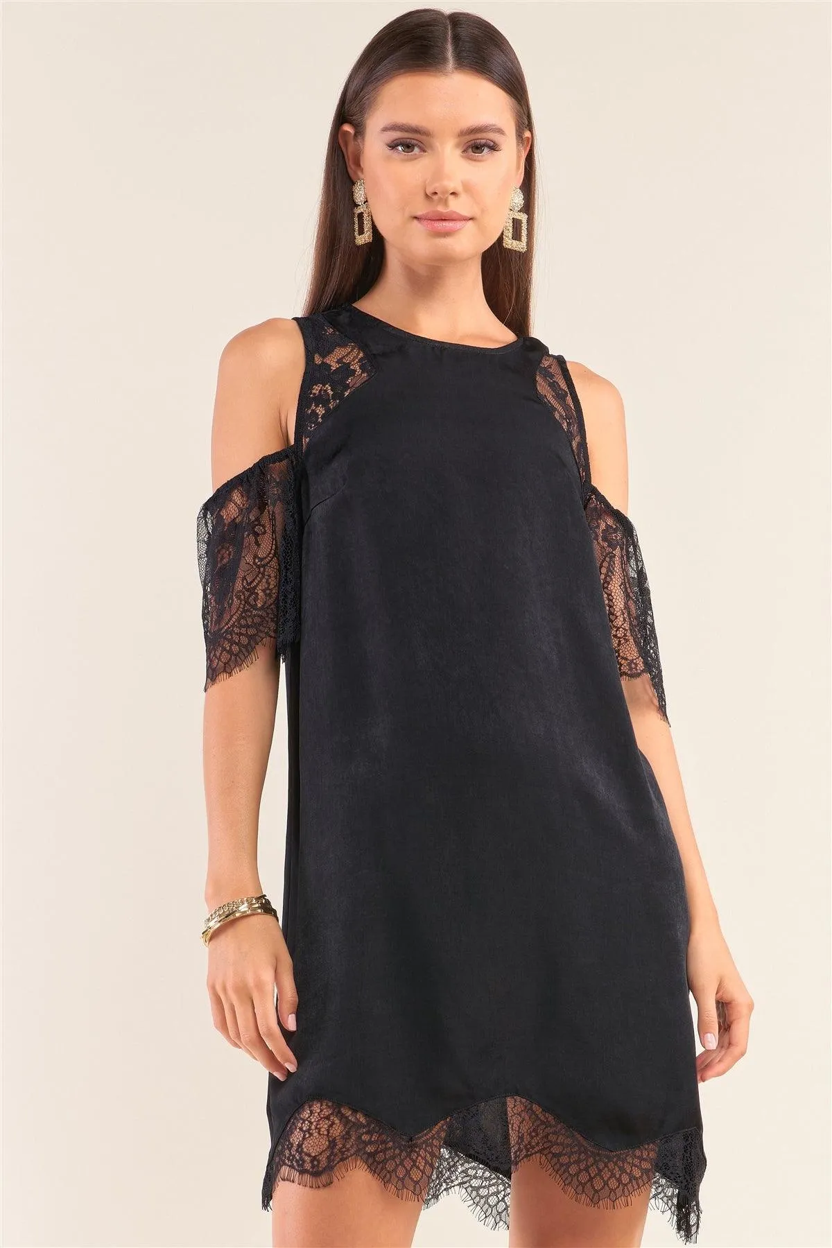 Black Cold Shoulder Lace Trim Back Button Up Mini Dress /1-2-2-1