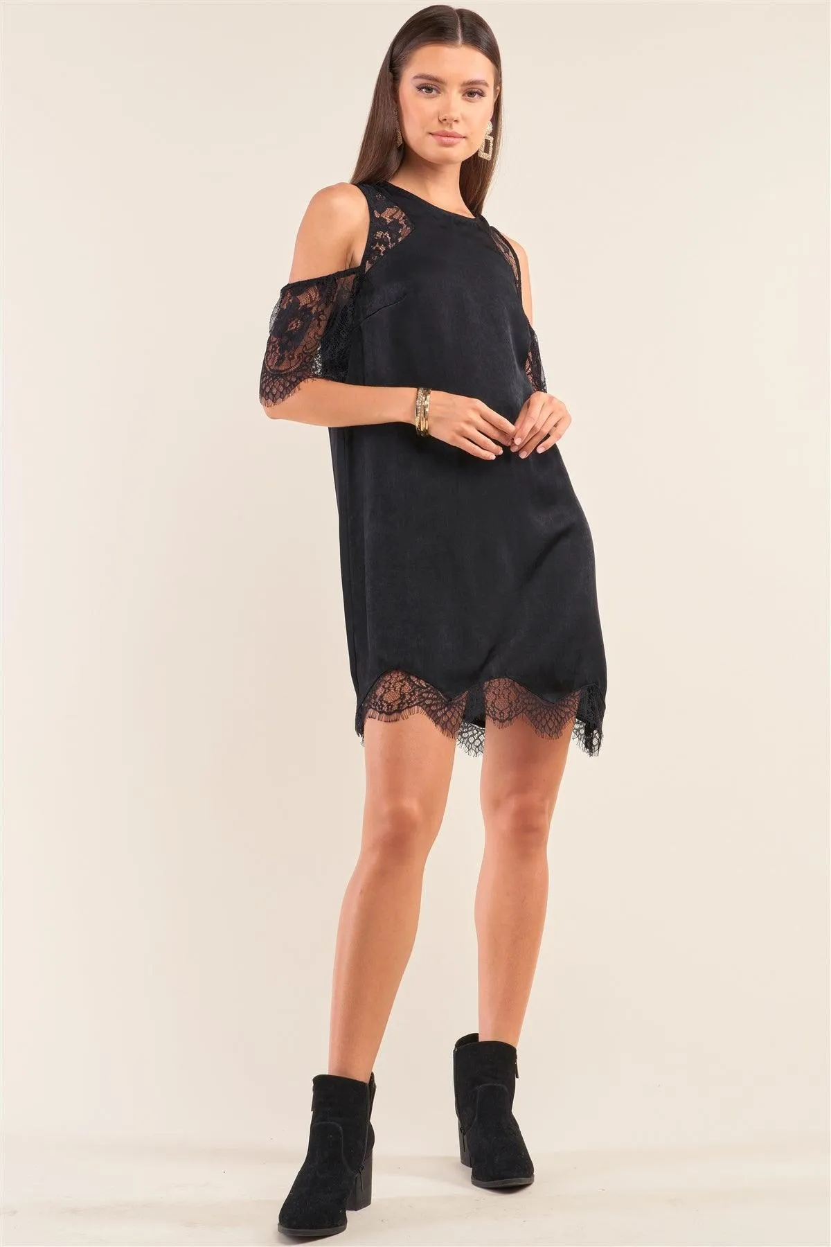 Black Cold Shoulder Lace Trim Back Button Up Mini Dress /1-2-2-1