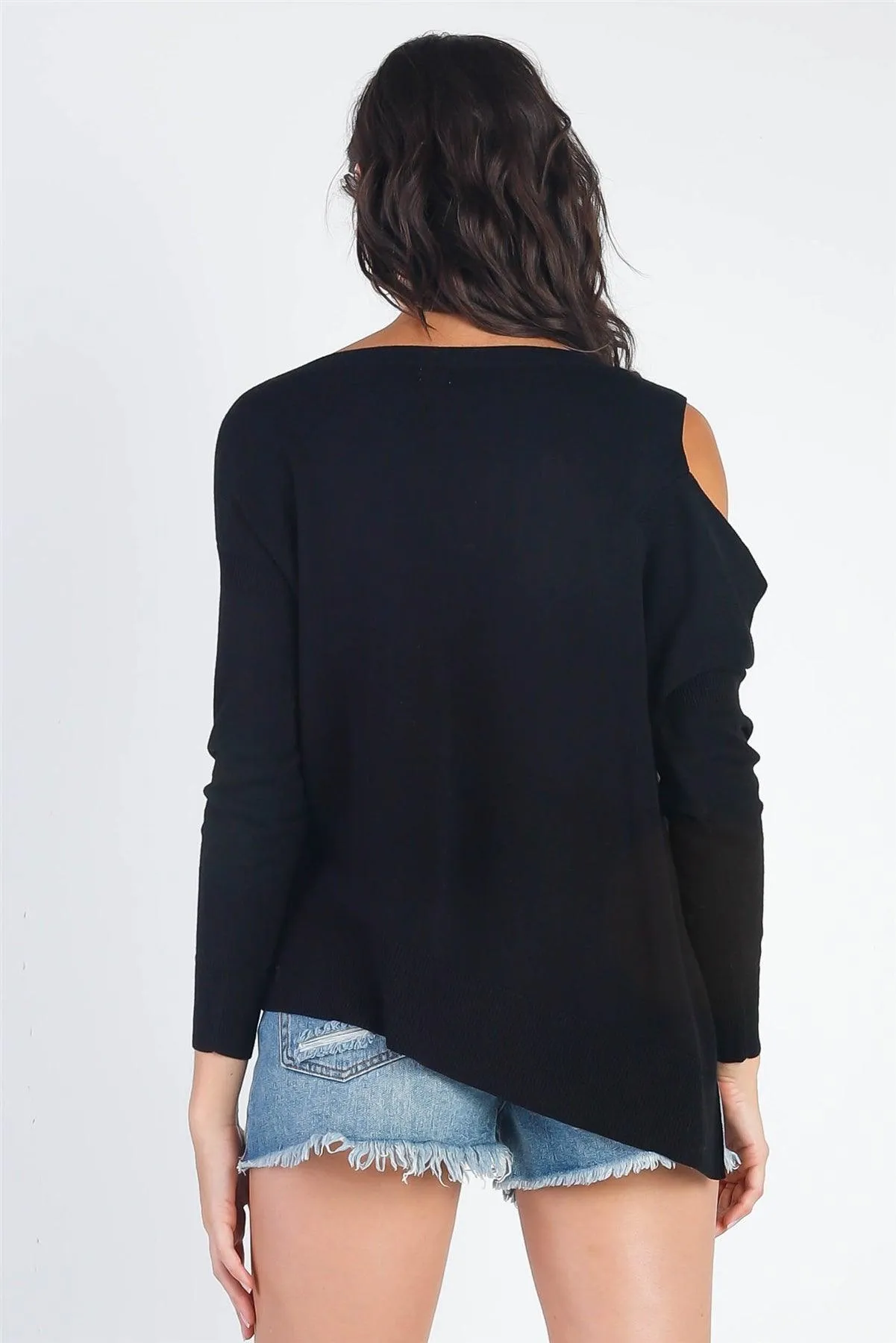 Black Cold Shoulder Long Sleeve Knit Top /3-2-1