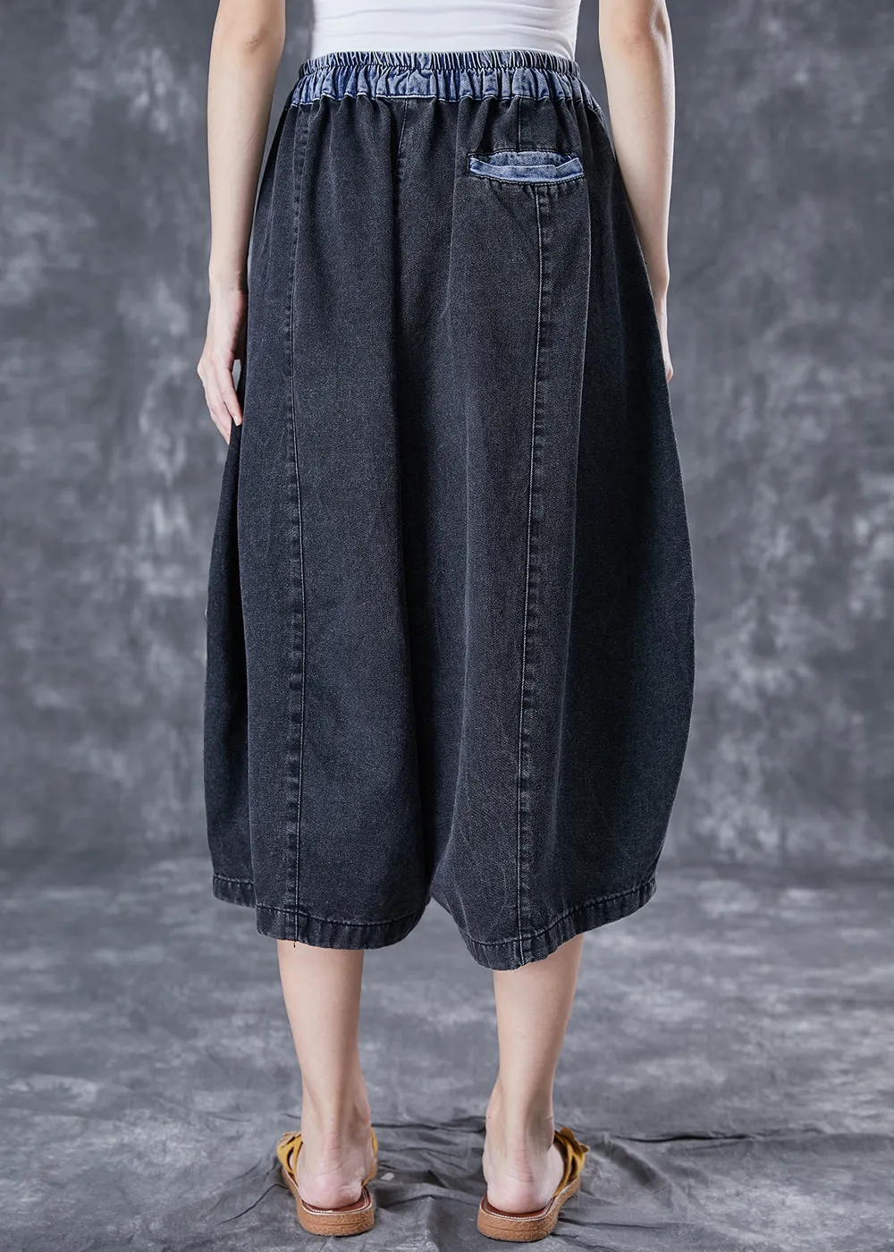 Black Patchwork Denim Wide Leg Pants Elastic Waist Summer LY4049