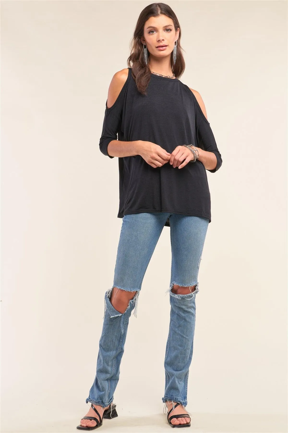 Black Relaxed Fit Crew Neck Midi Sleeve Cut-Out Shoulder Detail Yoga Top /1-2-2-1