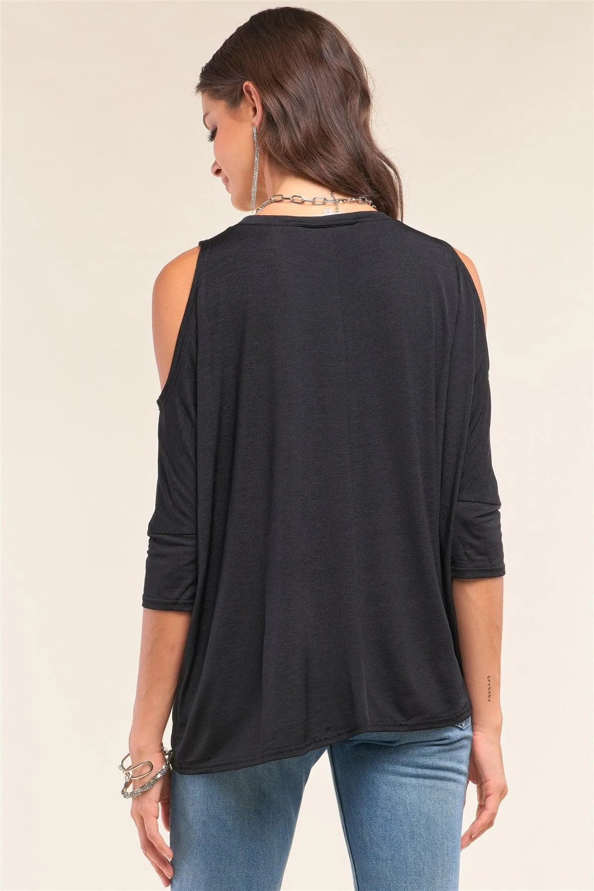 Black Relaxed Fit Crew Neck Midi Sleeve Cut-Out Shoulder Detail Yoga Top /1-2-2-1