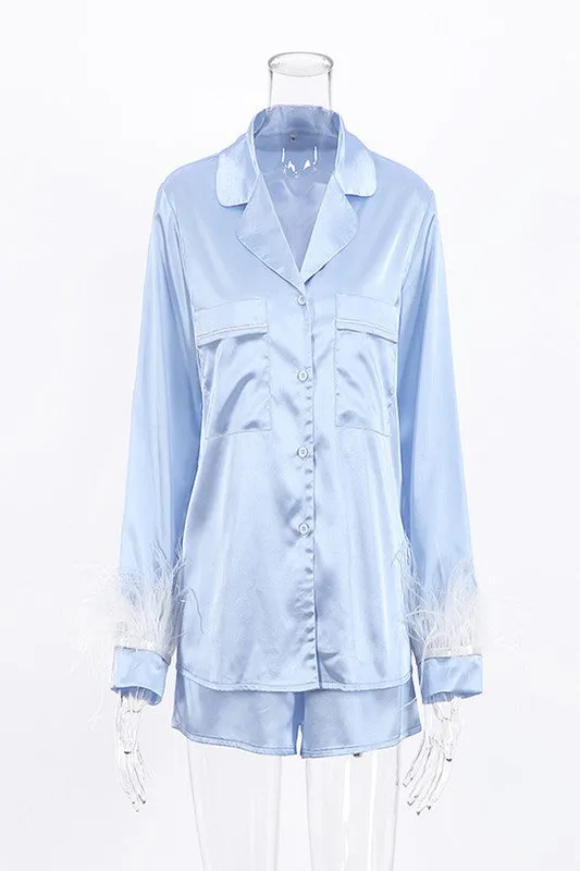 Blue Silk Feather Long Sleeve Shorts Suit Pajamas