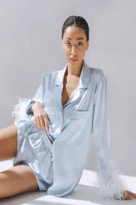 Blue Silk Feather Long Sleeve Shorts Suit Pajamas