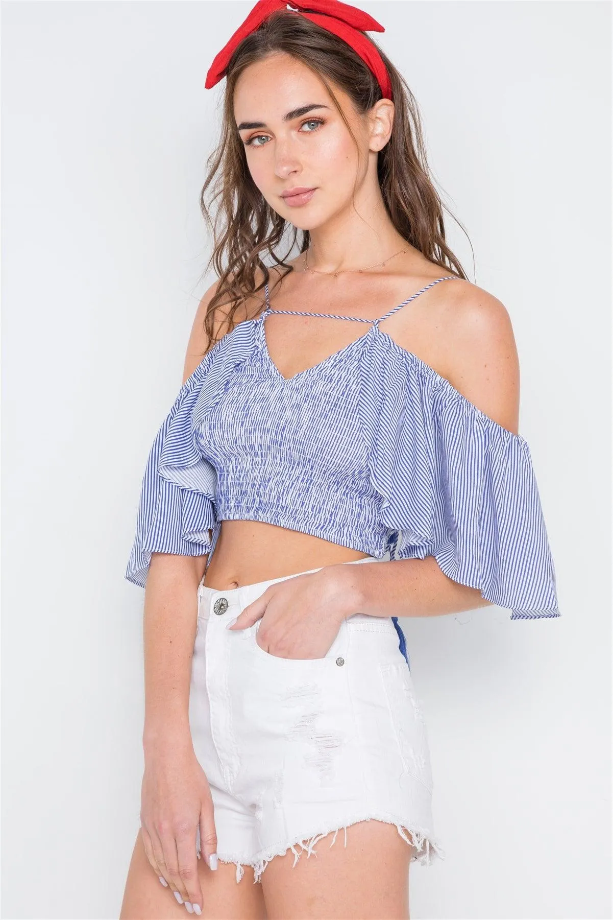 Blue Stripe Smocked Off-The-Shoulder Crop Top /4-2-1