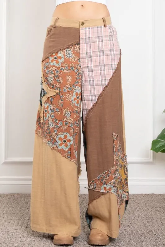 BlueVelvet Patchwork Wide Leg Pants in Khaki