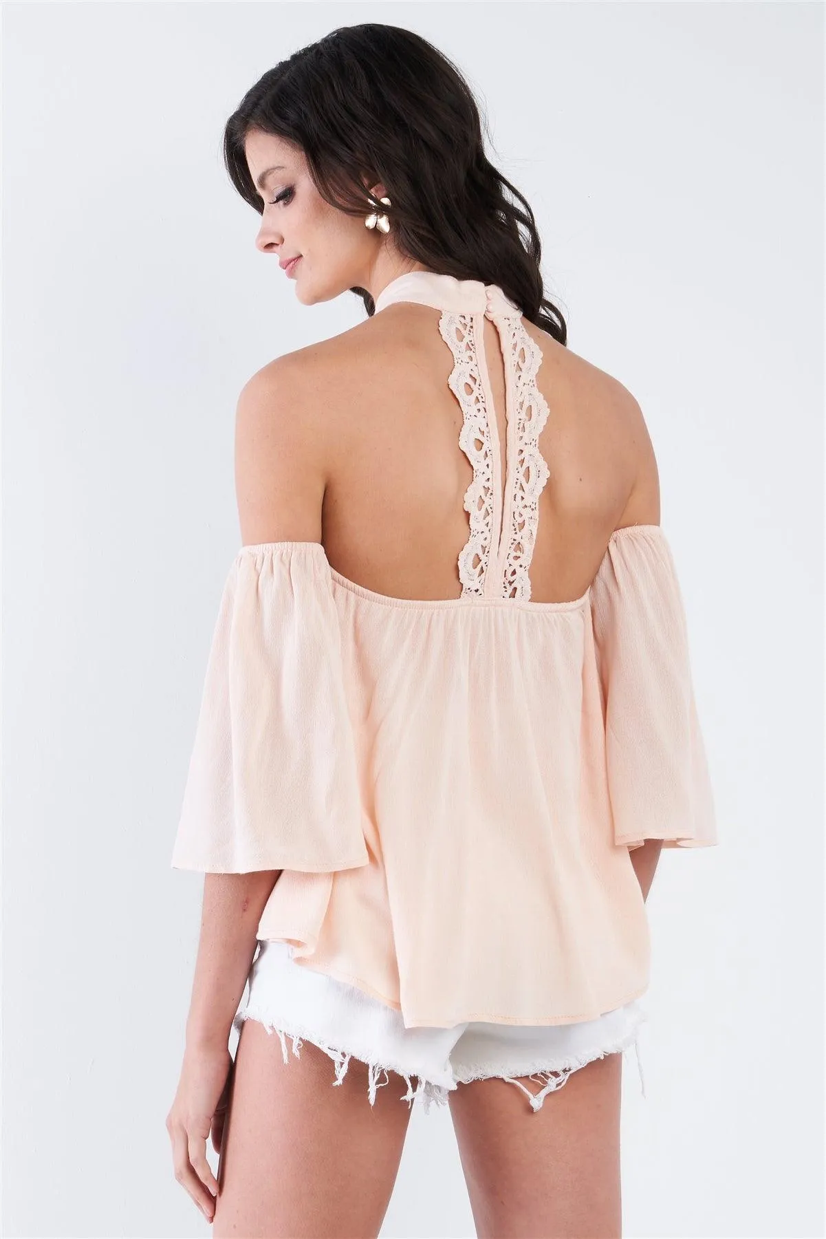 Blush Cold Shoulder Halter Neck Choker Crochet Detail Top /2-2-2