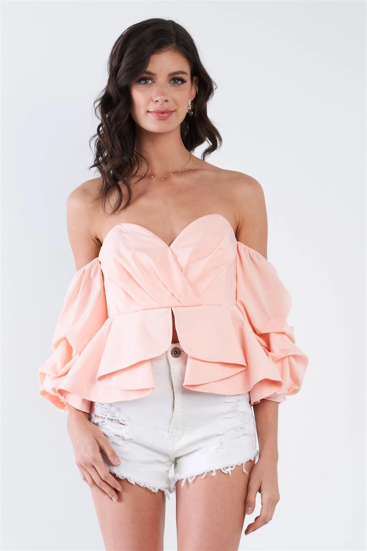 Blush Off Shoulder Puff Sleeve Ruffle V-Neck Peplum Crop Top /2-2-2