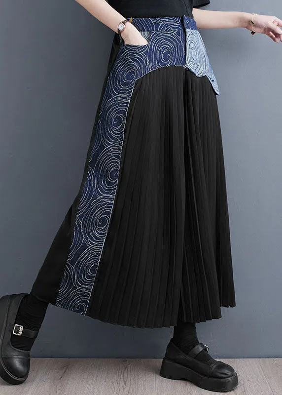 Bohemian Blue Pockets Wrinkled Denim Patchwork Cotton Wide Leg Pants Skirt Summer LY5314