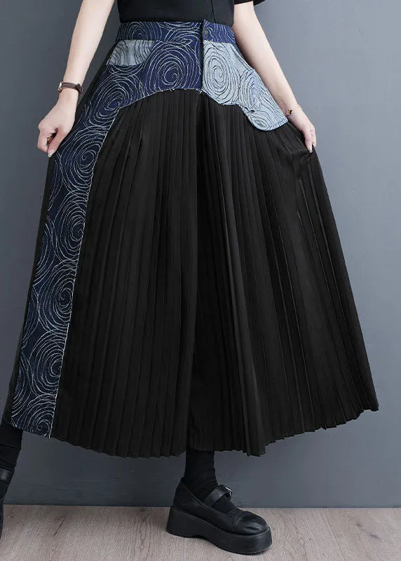 Bohemian Blue Pockets Wrinkled Denim Patchwork Cotton Wide Leg Pants Skirt Summer LY5314