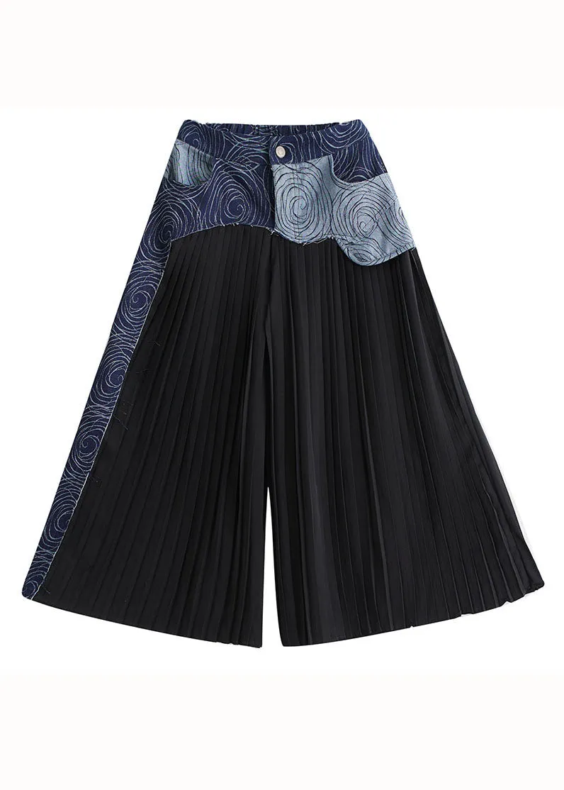 Bohemian Blue Pockets Wrinkled Denim Patchwork Cotton Wide Leg Pants Skirt Summer LY5314