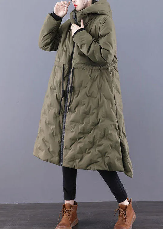 Boho Army Green Hooded Drawstring Side Open Thick Duck Down Down Coats Winter