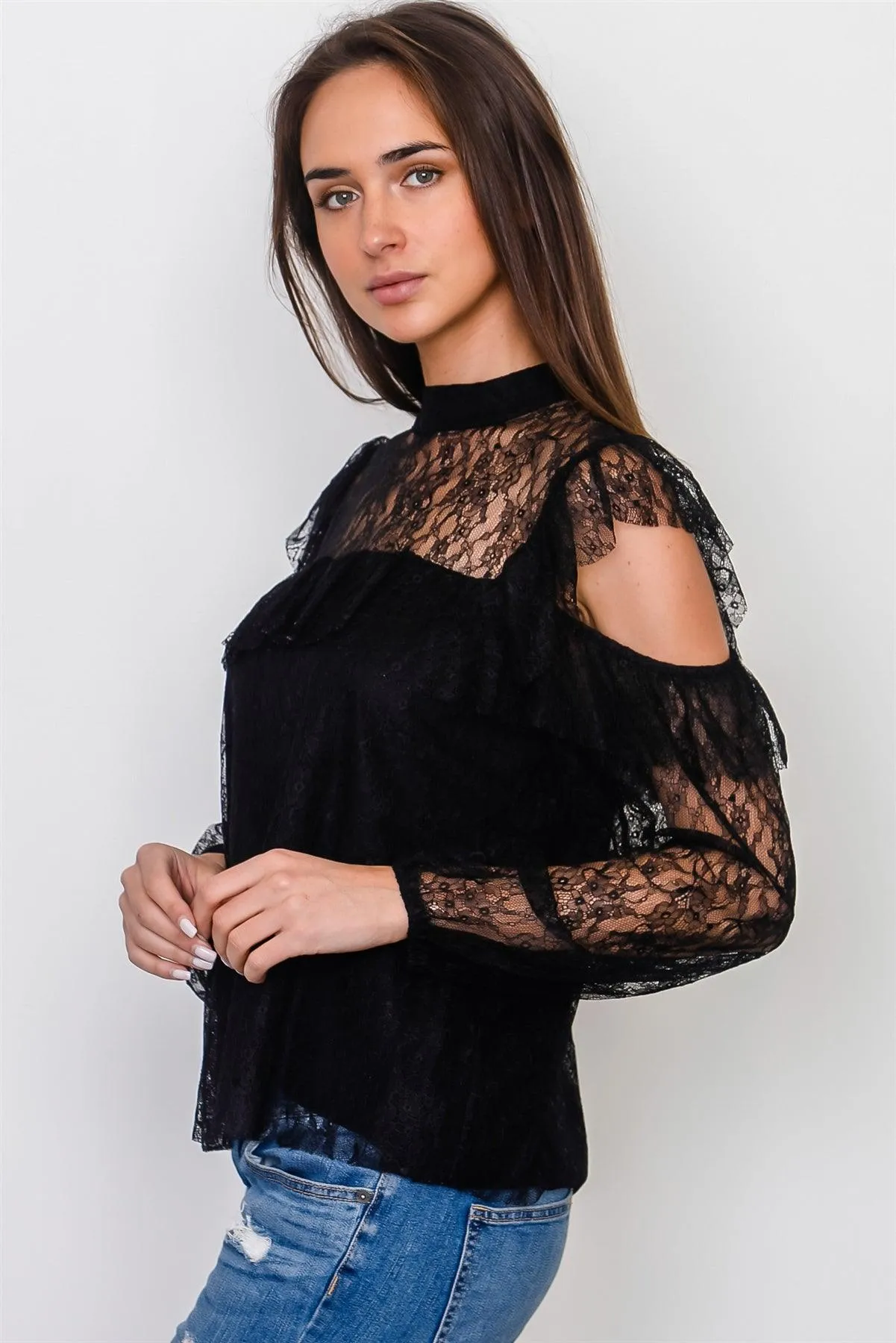 Boho Black Mesh Frill Cold Shoulder Top /1-2-2-1