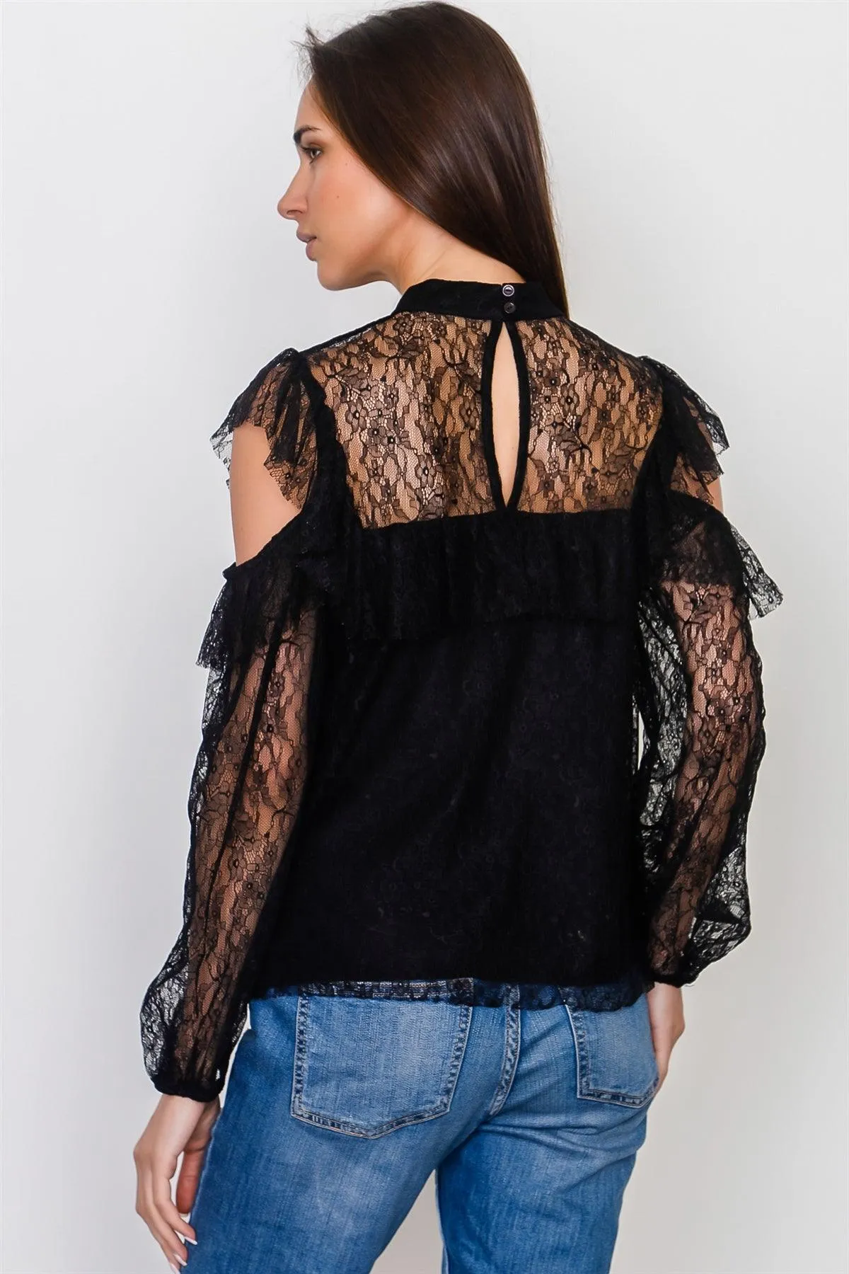 Boho Black Mesh Frill Cold Shoulder Top /1-2-2-1