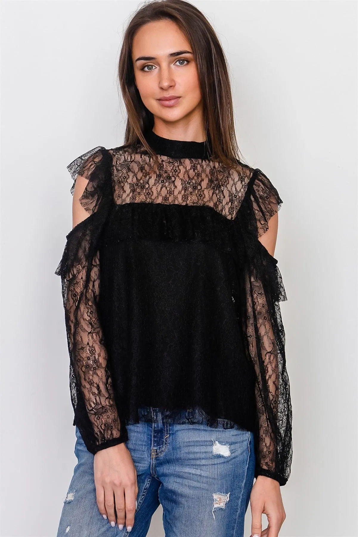 Boho Black Mesh Frill Cold Shoulder Top