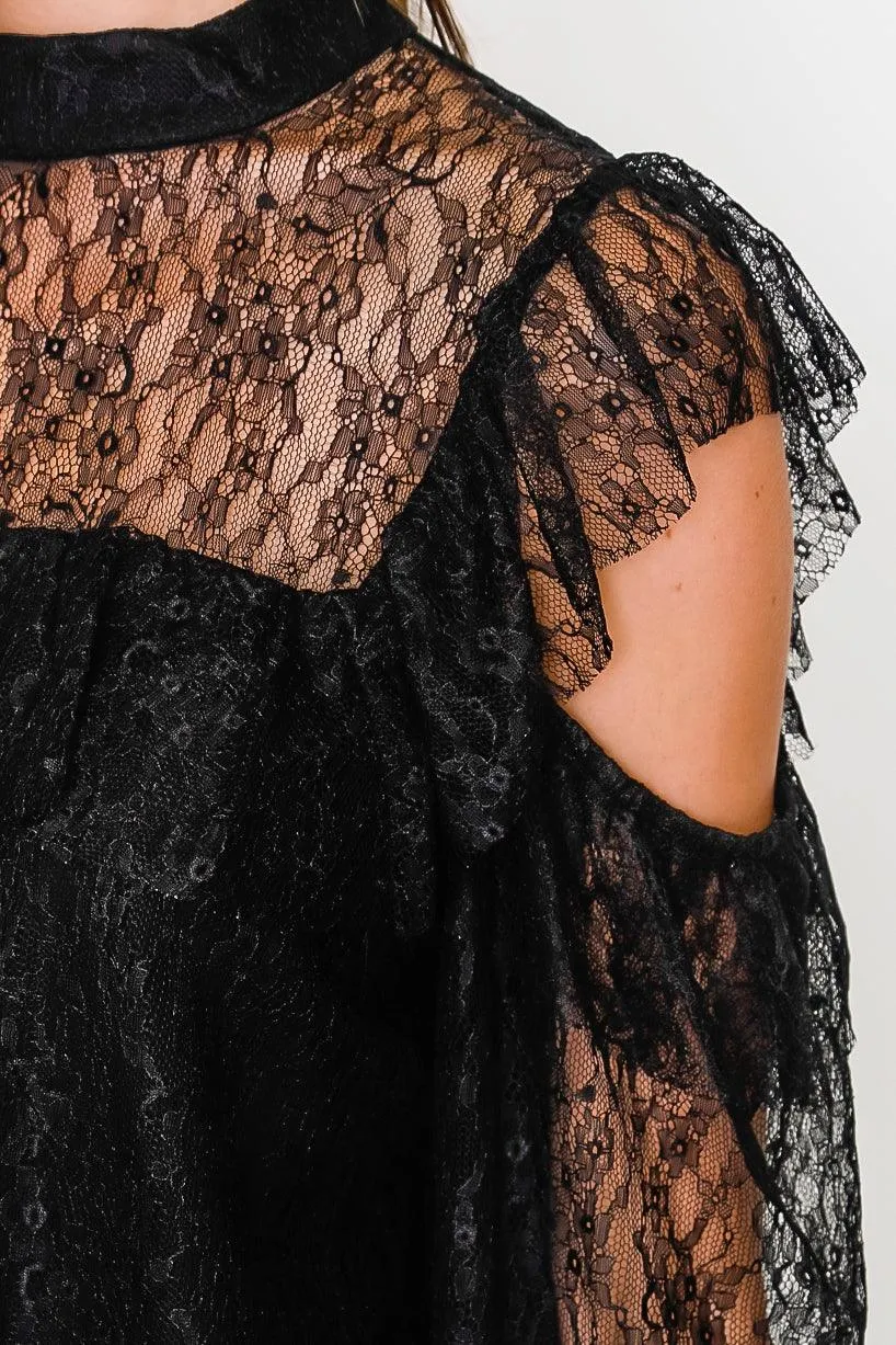 Boho Black Mesh Frill Cold Shoulder Top