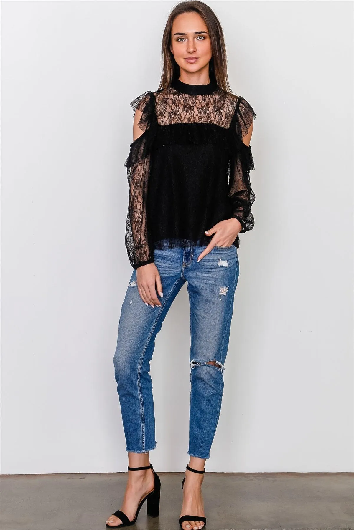 Boho Black Mesh Frill Cold Shoulder Top