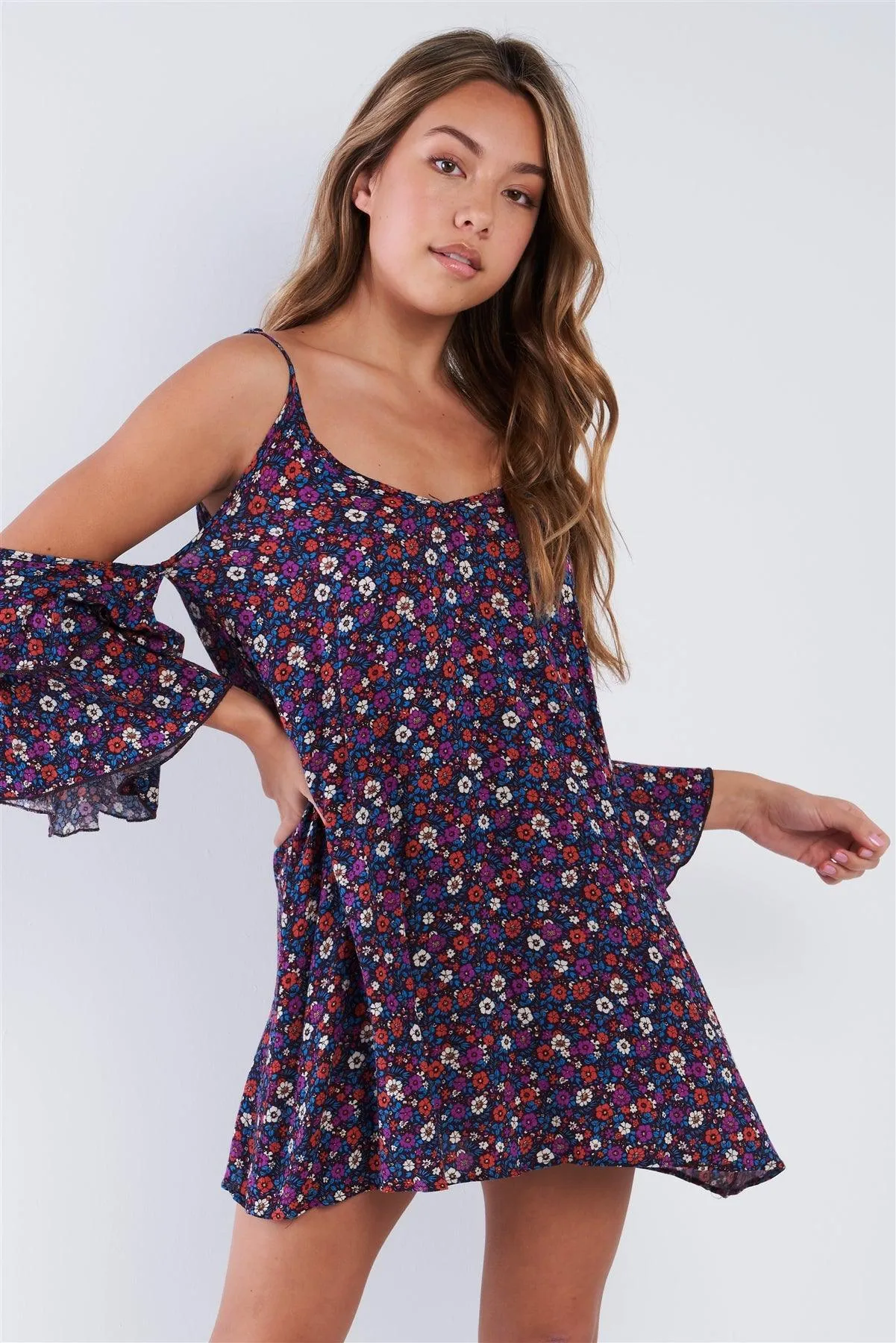 Boho Floral Print Cold Shoulder Bell Sleeves Mini Dress /2-2-2