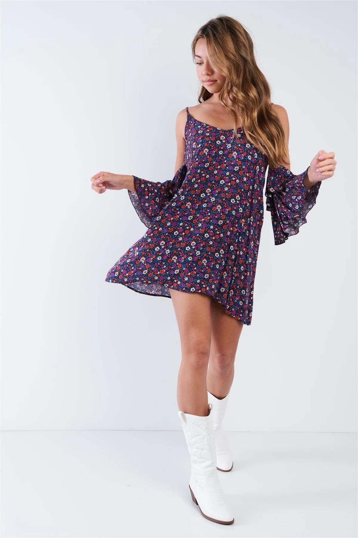 Boho Floral Print Cold Shoulder Bell Sleeves Mini Dress /2-2-2