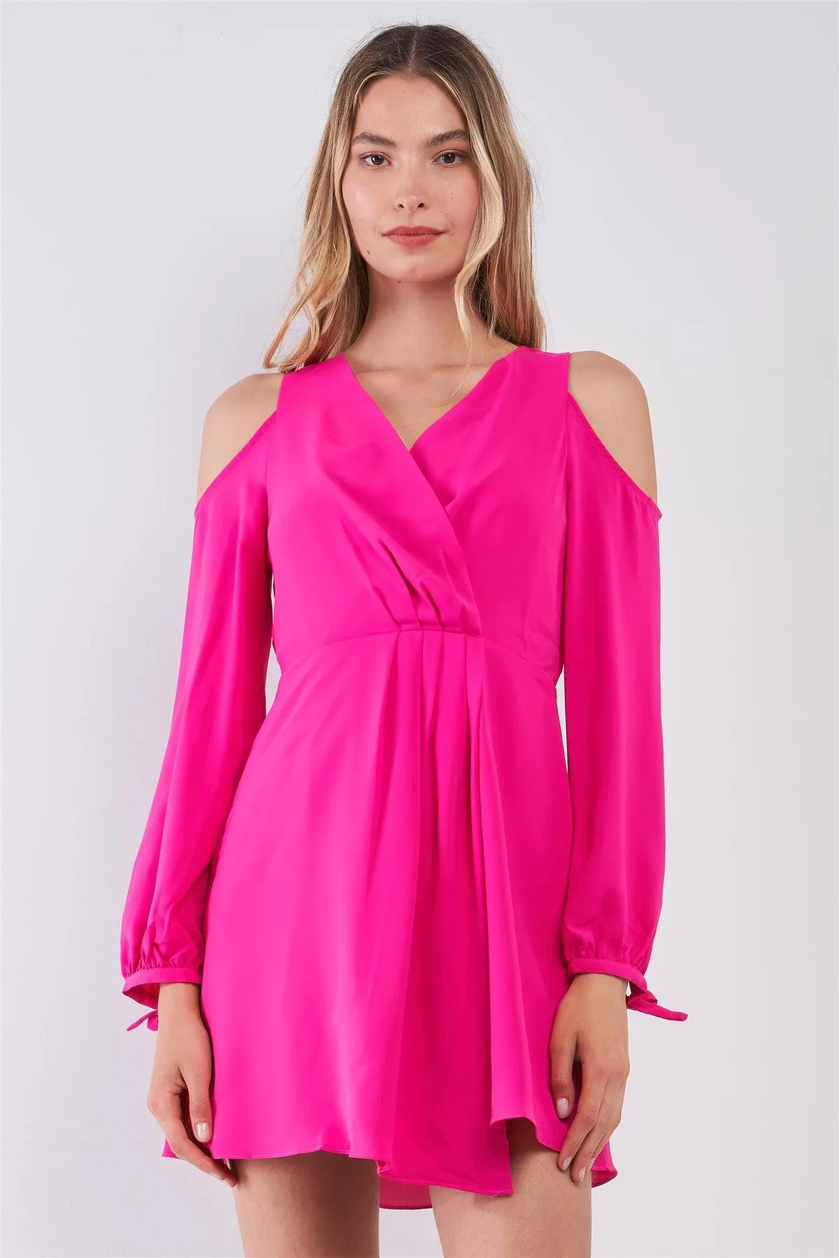 Bright Magenta Cold Shoulder Self-Tie Long Sleeve Wrap V-Neck Pleated Front Detail Mini Dress /1-2-2-1