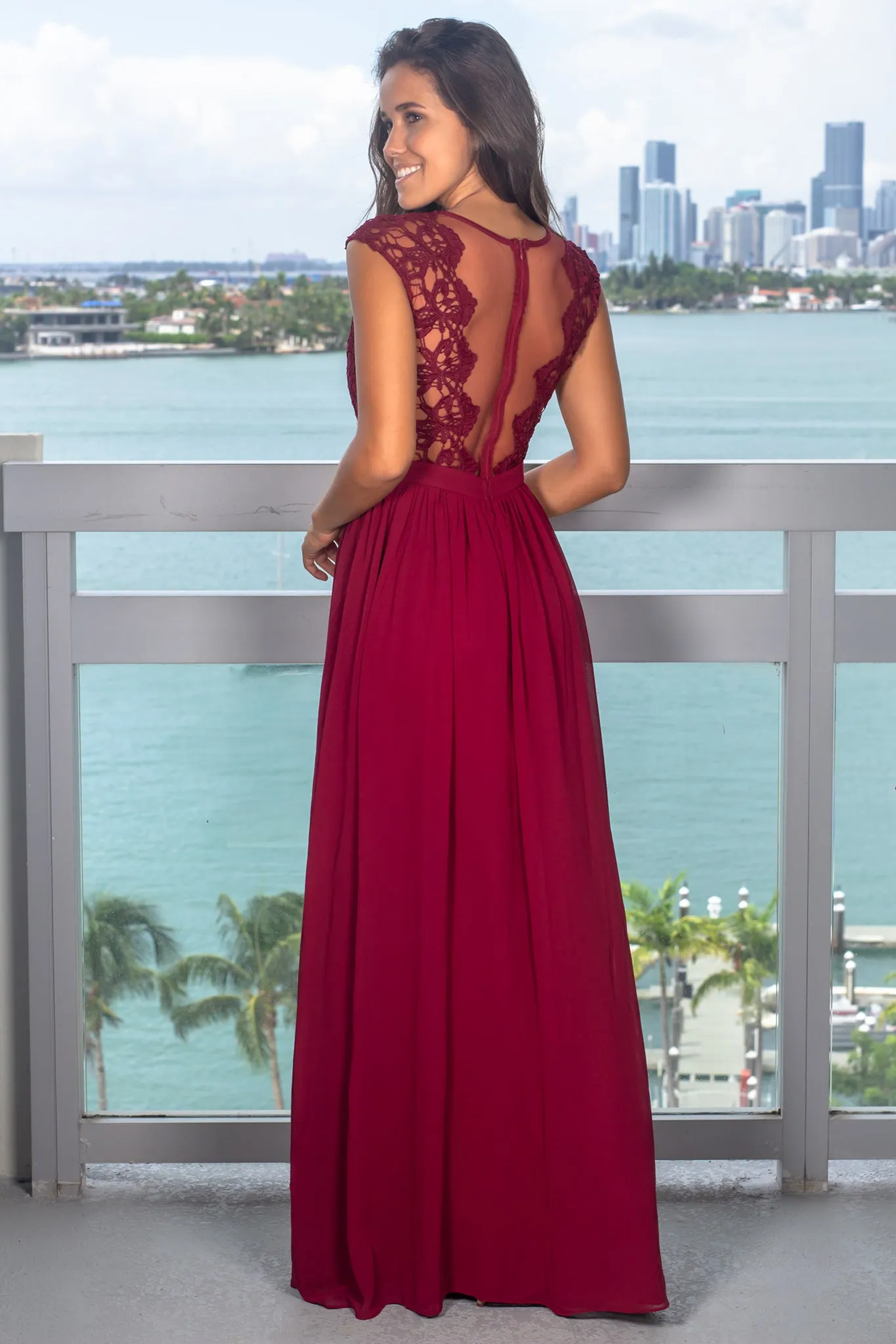 Burgundy Crochet Maxi Dress with Tulle Back