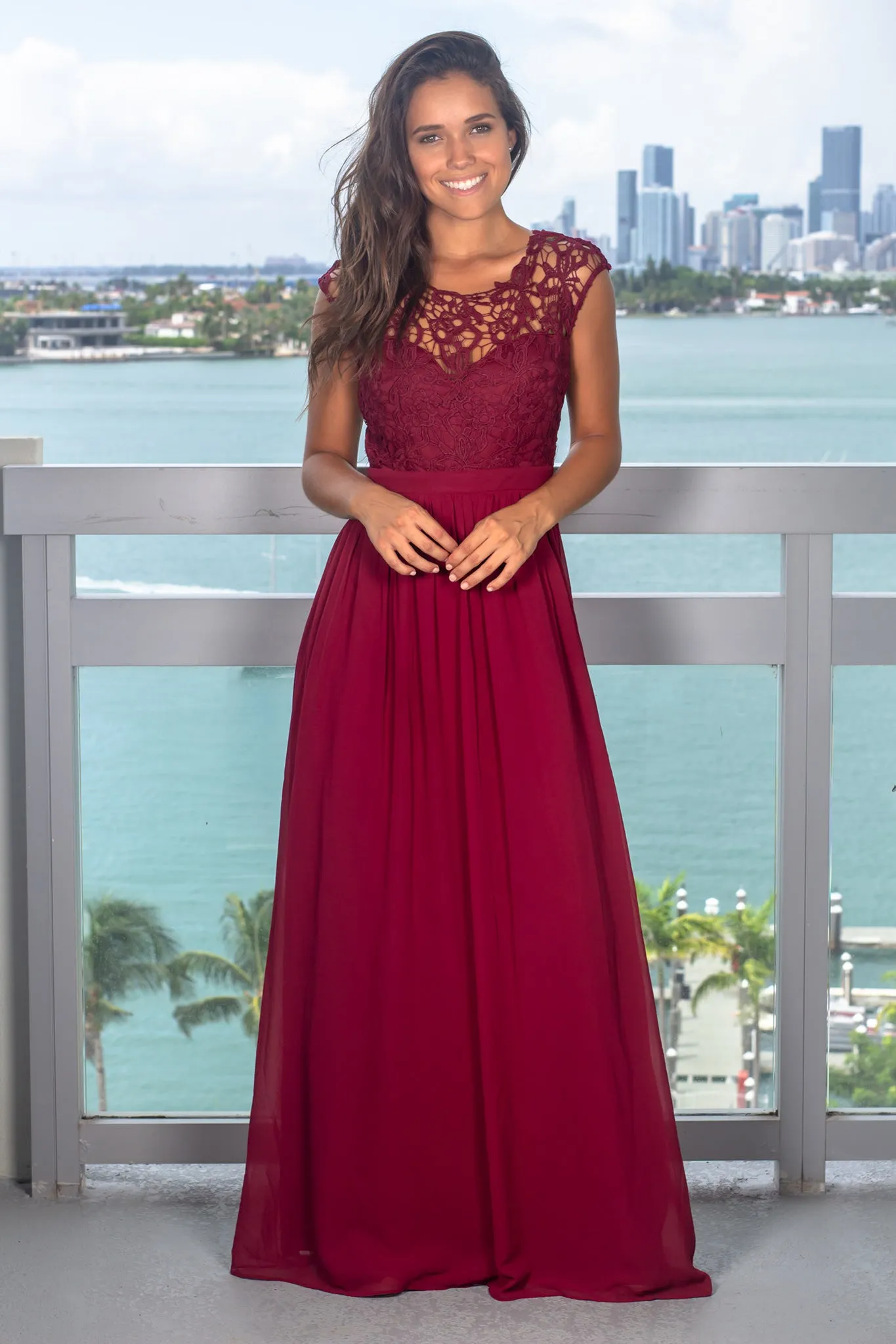 Burgundy Crochet Maxi Dress with Tulle Back