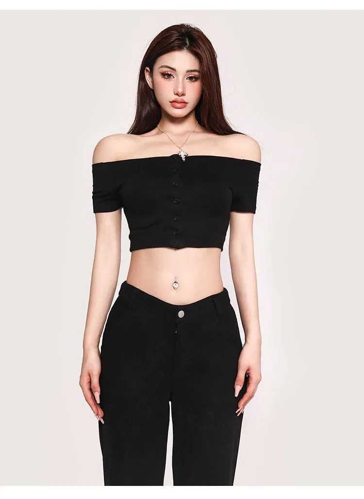 Carla Solid Color Off-the-Shoulder Button Up Slim Cropped Top