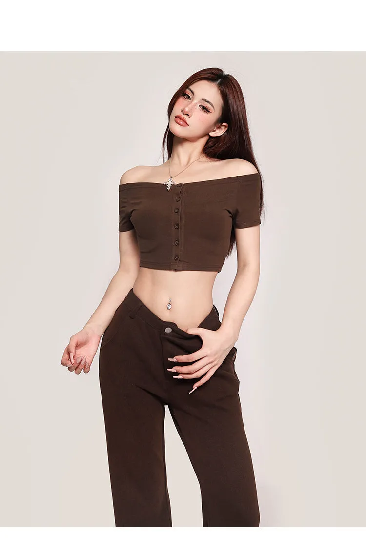 Carla Solid Color Off-the-Shoulder Button Up Slim Cropped Top