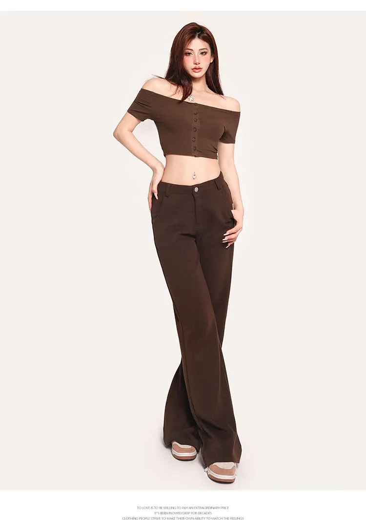 Carla Solid Color Off-the-Shoulder Button Up Slim Cropped Top