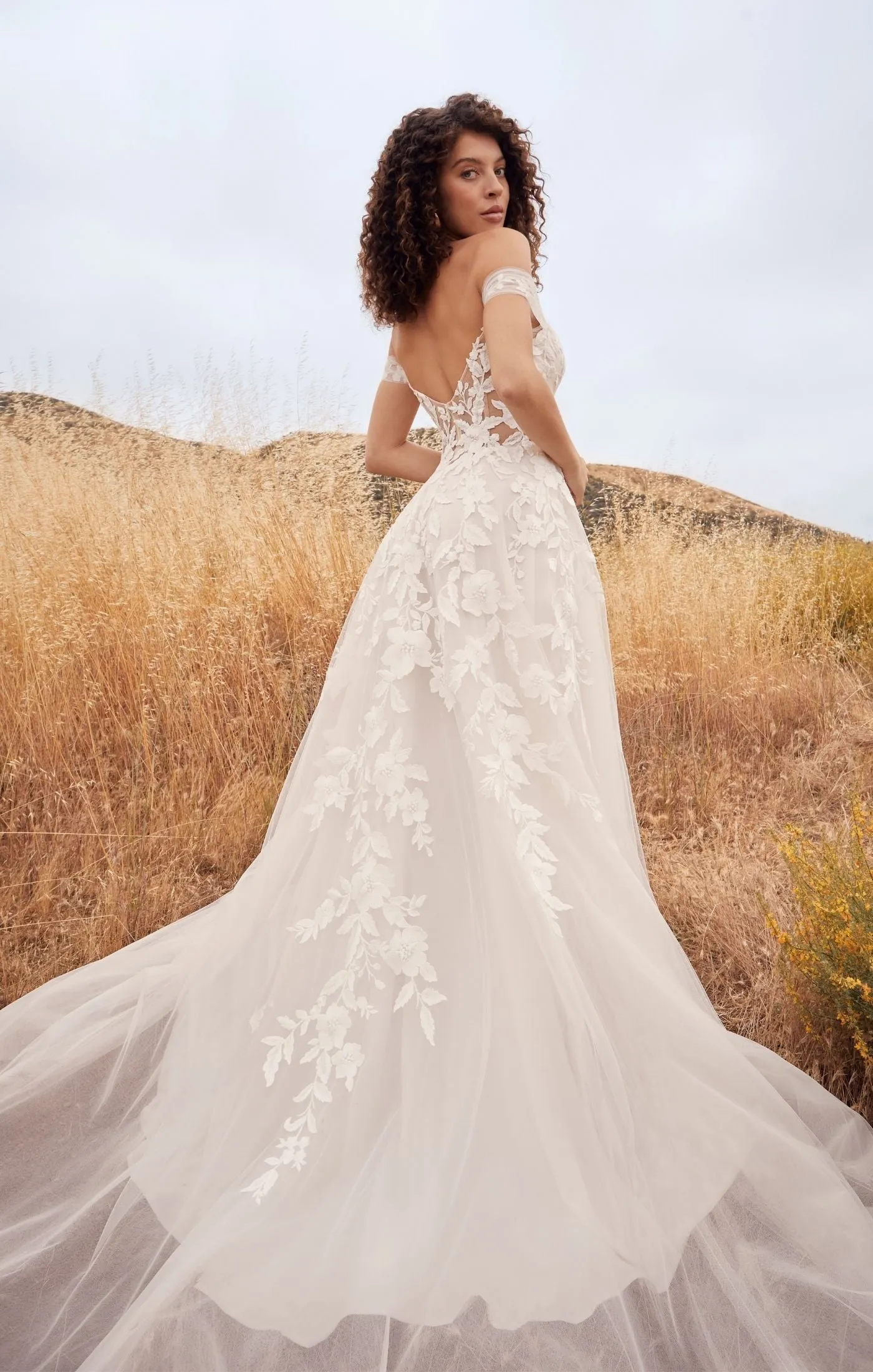 Casablanca Beloved BL433 Penny A-Line Floral Lace Deep V-Neck Off The Shoulder Tulle Train Wedding Gown