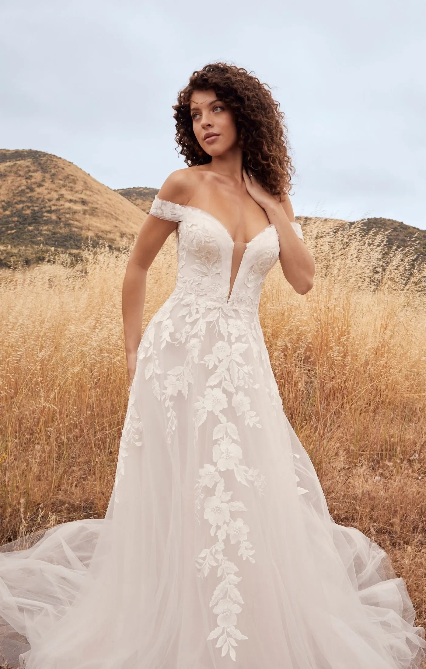 Casablanca Beloved BL433 Penny A-Line Floral Lace Deep V-Neck Off The Shoulder Tulle Train Wedding Gown