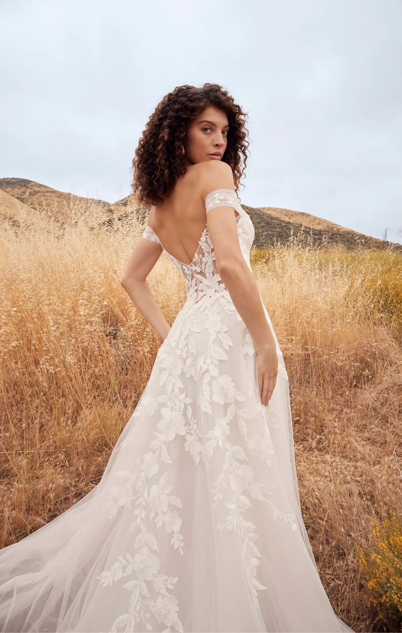 Casablanca Beloved BL433 Penny A-Line Floral Lace Deep V-Neck Off The Shoulder Tulle Train Wedding Gown