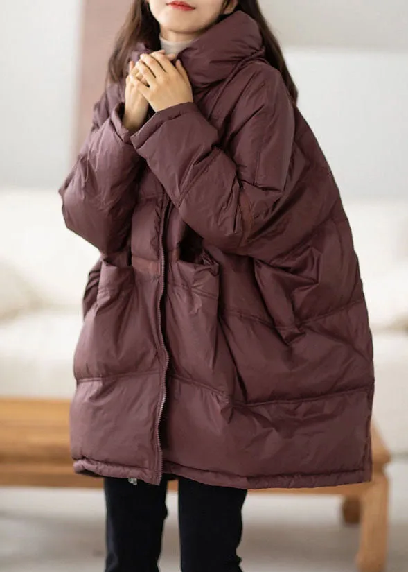 Casual Chocolate Hooded Oversized Drawstring Thick Canada Goose Jacket Batwing Sleeve