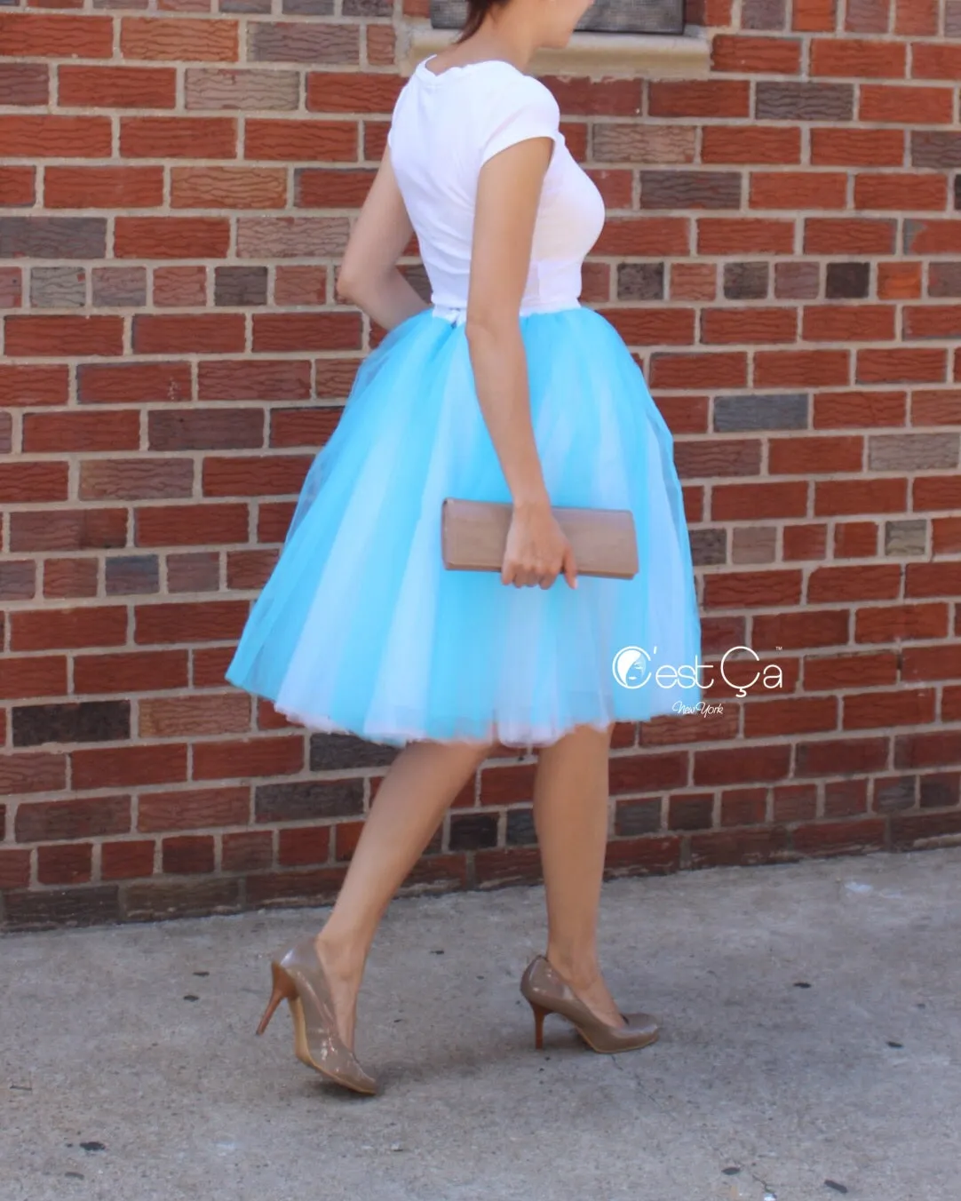 Clarisa Ombré Tulle Skirt - White & Aqua Blue, Midi