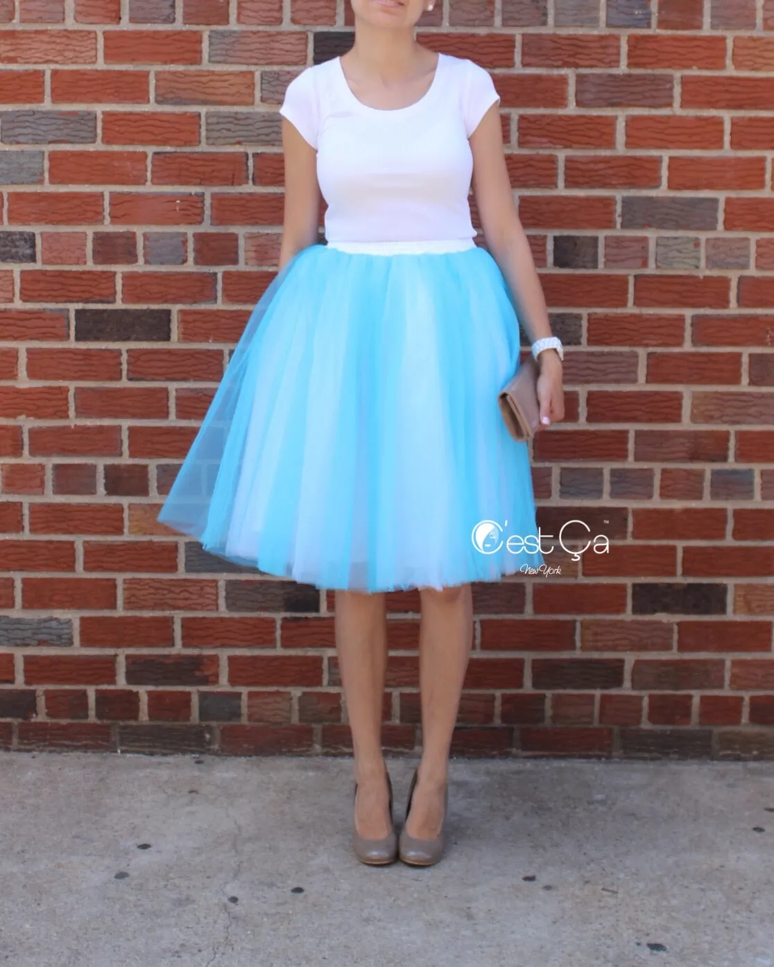 Clarisa Ombré Tulle Skirt - White & Aqua Blue, Midi