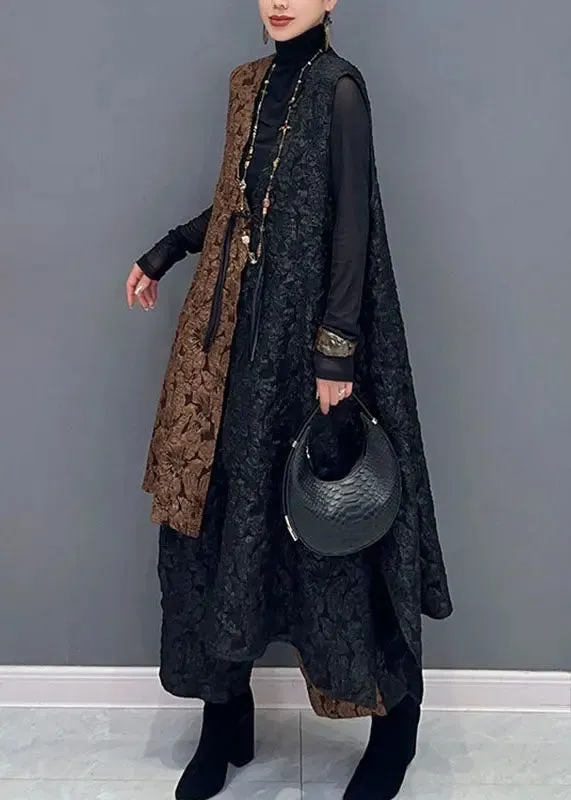 Classy Black Patchwork Brown V Neck Waistcoat And Wide Leg Pants Two Pieces Set Fall ML3165