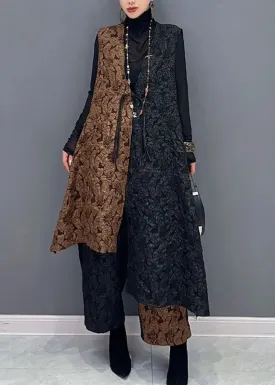 Classy Black Patchwork Brown V Neck Waistcoat And Wide Leg Pants Two Pieces Set Fall ML3165